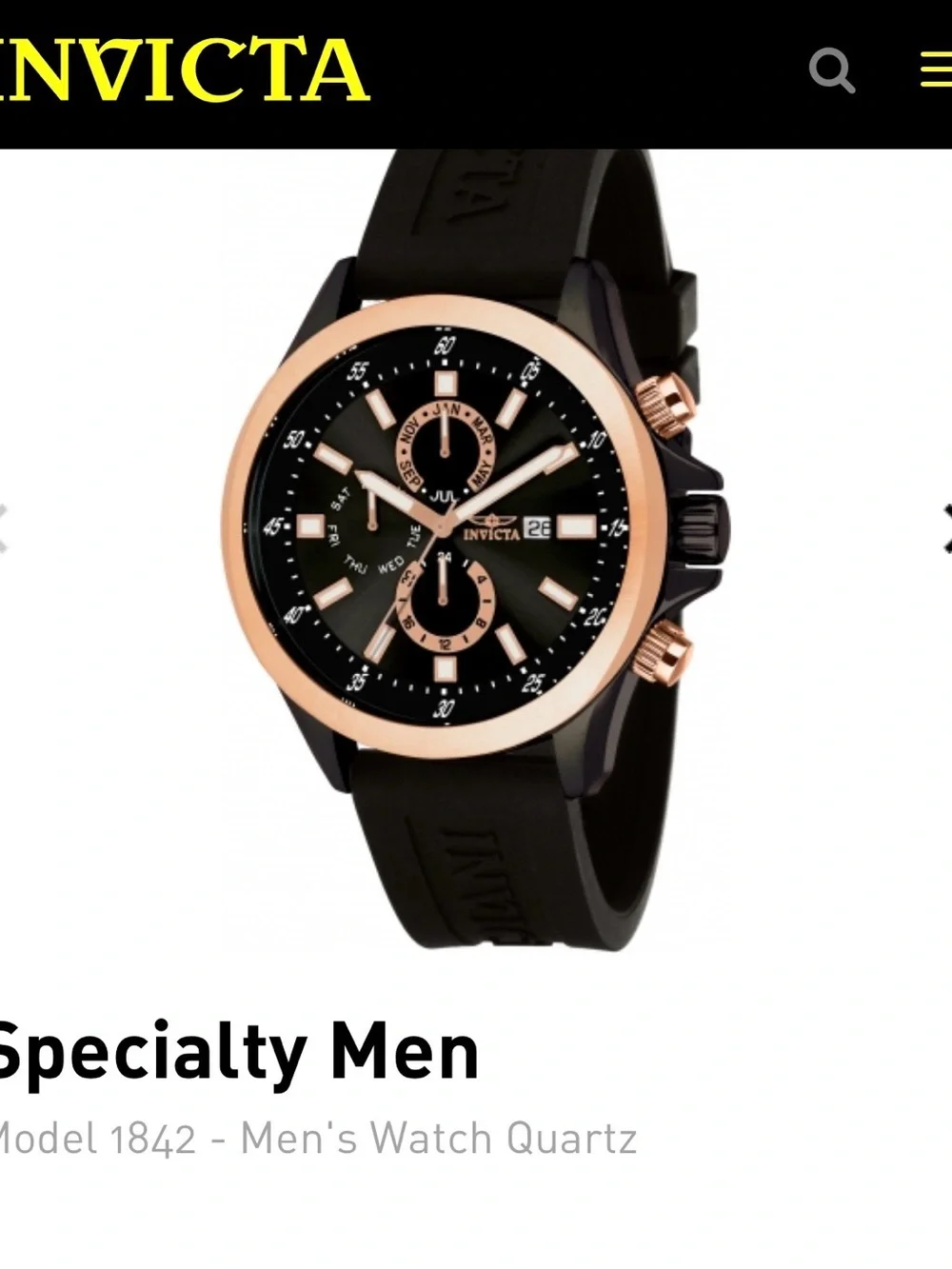 Invicta Specialty GMT watch, featuring a rose gold-tone case and a black dial.